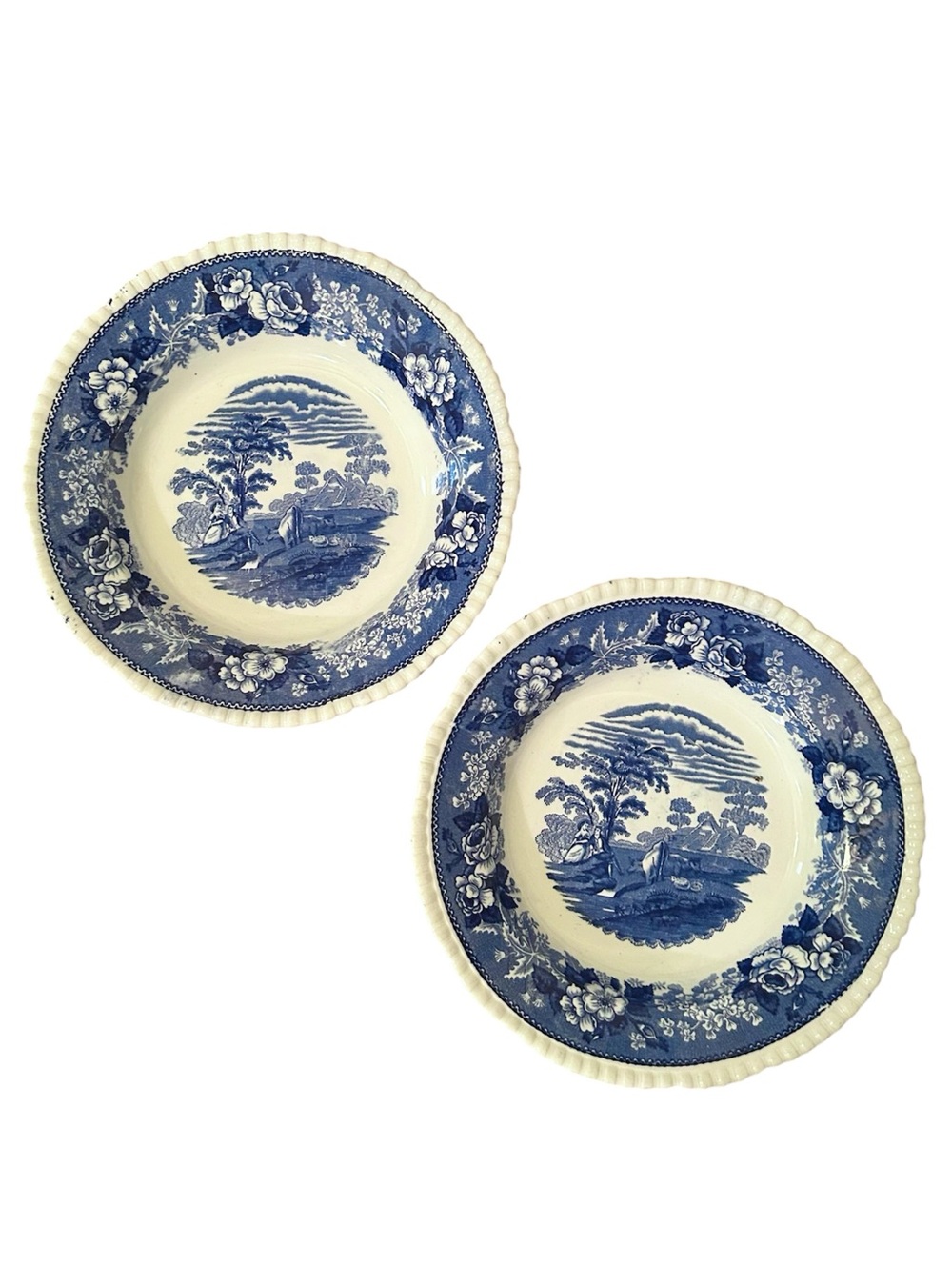 Two Vintage Adams England Blue and White Cattle Scenery Soup Bowls / Plates